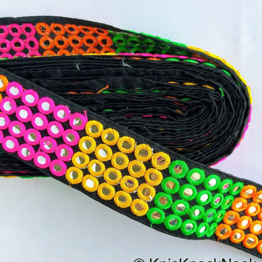 Black / Beige Fabric Mirrored Trim With Green, Orange, Yellow And Pink Embroidery With Mirrors